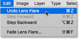 Selecting Undo Lens Flare from under the Edit menu. 