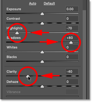 Adjusting the highlights, shadows and clarity of the old photo effect