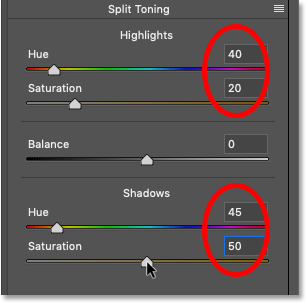 The Splt Tone panel settings in Photoshop