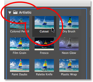 Selecting the Cutout filter from the Artistic category in the Filter Gallery. Image © 2013 Photoshop Essentials.com