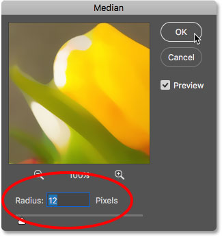 Setting the Radius value for the Median filter in Photoshop