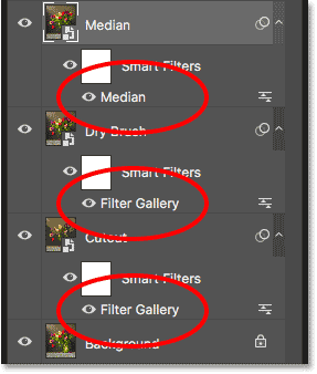 The Layers panel showing the Smart Filters listed under the Smart Objects