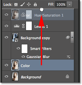 Dragging the Color layer above the other layers in the Layers panel.