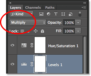 Changing the blend mode of the Levels adjustment layer to Multiply.