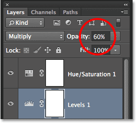 Lowering the opacity of the Levels adjustment layer.