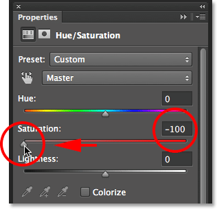 Dragging the Saturation slider to the left in the Properties panel.