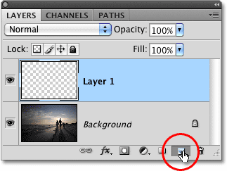 Clicking the New Layer icon in the Layers palette in Photoshop.