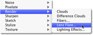 Selecting the Lens Flare filter in Photoshop.