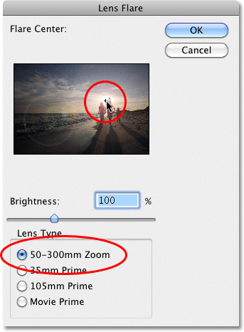 The Lens Flare dialog box in Photoshop.