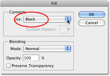 The Fill command dialog box in Photoshop.