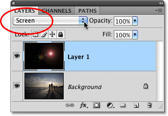 Changing the blend mode of Layer 1 to Screen in Photoshop.