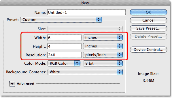 The New Document dialog box in Photoshop. Image © 2008 Photoshop Essentials.com.