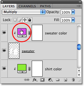 Double-click on the color swatch of the fill layer you want to change. Image © 2008 Photoshop Essentials.com