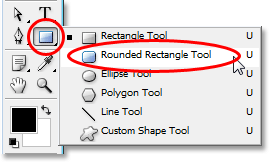 Adobe Photoshop tutorial image: Selecting the Rounded Rectangle Tool from the Tools palette in Photoshop.