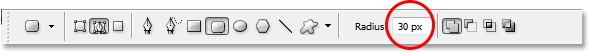 Adobe Photoshop tutorial image: Entering a value of 30 px into the Radius option in the Options Bar.