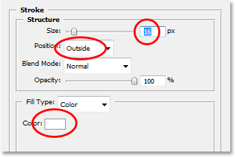 Adobe Photoshop tutorial image: Setting the options for the Stroke in the Layer Style dialog box.