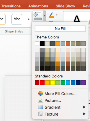 Screenshot shows the options available from the Shape Fill menu, including No Fill, Theme Colors, Standard Colors, More Fill Colors, Picture, Gradient, and Texture.