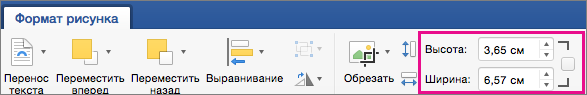 Вкладка "Формат рисунка" с выделенными полями высоты и ширины.