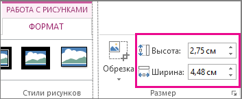 Поля "Высота" и "Ширина" на вкладке "Работа с рисунками 